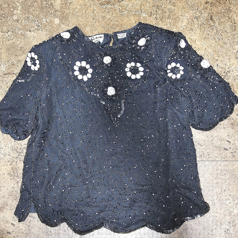Vintage 80's Black and White Sequin and Beaded Blouse by Sarin Size Small 🖤🤍